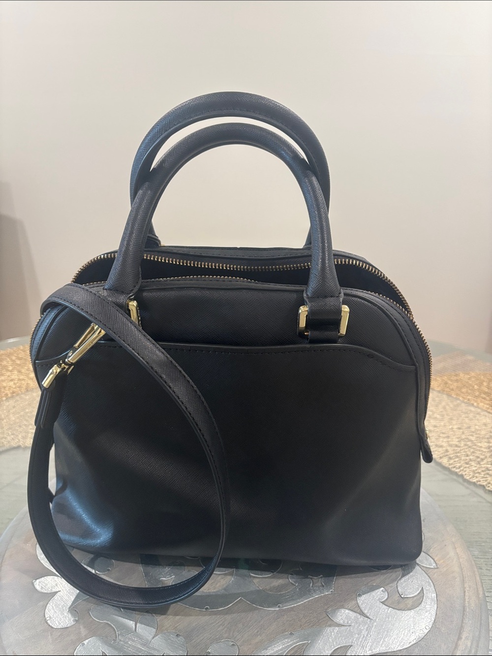 Calvin Klein Black Leather Dome Satchel with Gold Hardware - Picture 6 of 13